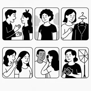 Six black and white minimalistic illustrations showing stages of communication and preparation for a photoshoot: two people talking, a person contemplating, a person holding clothes, a person combing hair, makeup application, and a person holding a camera with studio light.