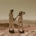 Two individuals in astronaut suits standing on a Mars-like surface, conceptual sci-fi image