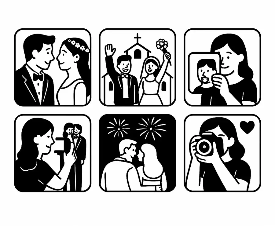 Illustrations depicting key moments in wedding photography storytelling