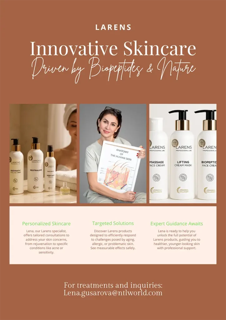 Commercial photography example by Chaplin Studio: High-quality portraits and product shots created for Larens skincare, ideal for social media and brand content.