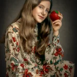 Beautiful child portrait of a girl in a floral dress holding a red apple, fine art style by Chaplin Studio.