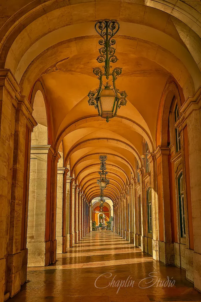 A long, symmetrical hallway with numerous arches and ornate hanging lanterns in Lisbon, Portugal, creating a sense of depth and historic elegance, captured by Chaplin Studio for travel photography.