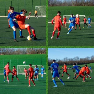 A four-panel collage of action shots from a kids' football match, showing players in red and blue kits competing for the ball.