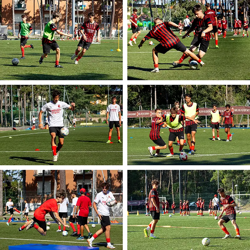 Collage of six dynamic photographs showing young football players in Milan Academy kits training and playing on a green pitch, captured during a Milan Sporteventi session.